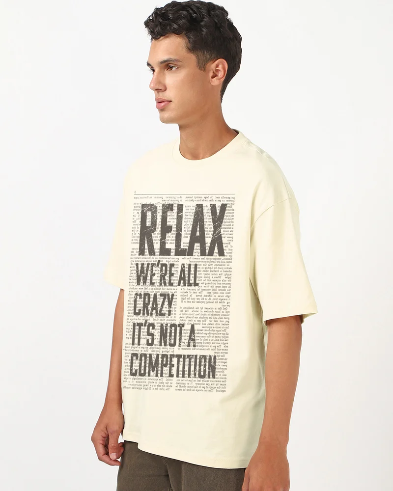 بيواكوف Men's Beige Relax Typography Oversized T-shirt